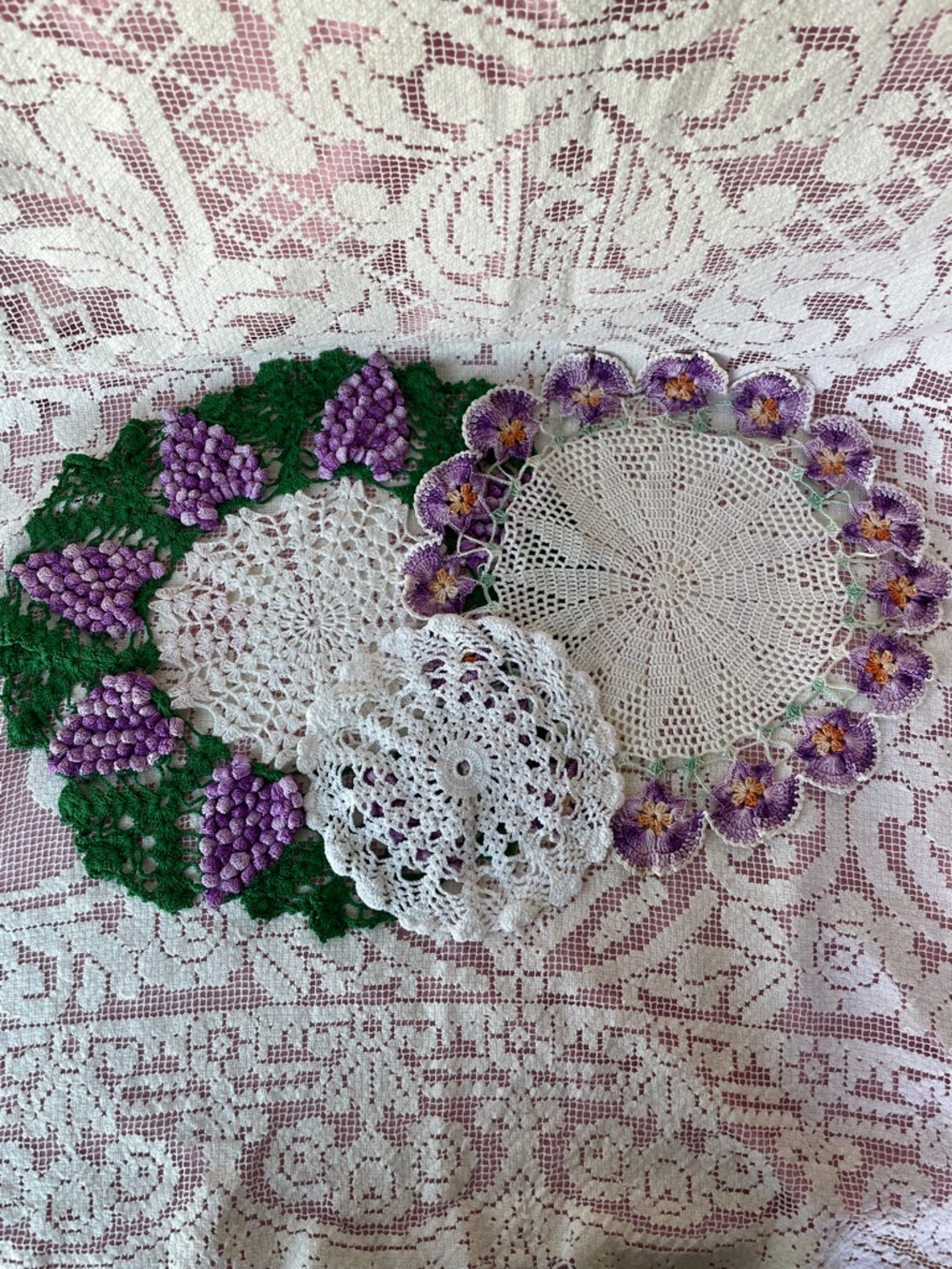 Handmade Crochet Doily Set - White and Purple